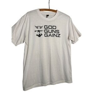 Bucked Up Mens God Guns Gainz Graphic T-Shirt Cream L Gym Workout Tee USA Gorp